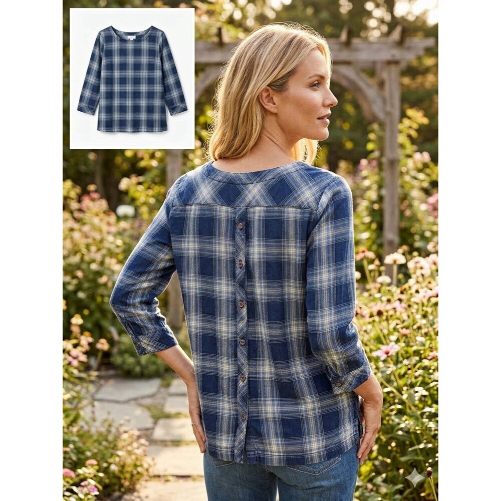 J. Jill Women’s M Blue/White Plaid Cotton Round Neck Blouse Back Button Details